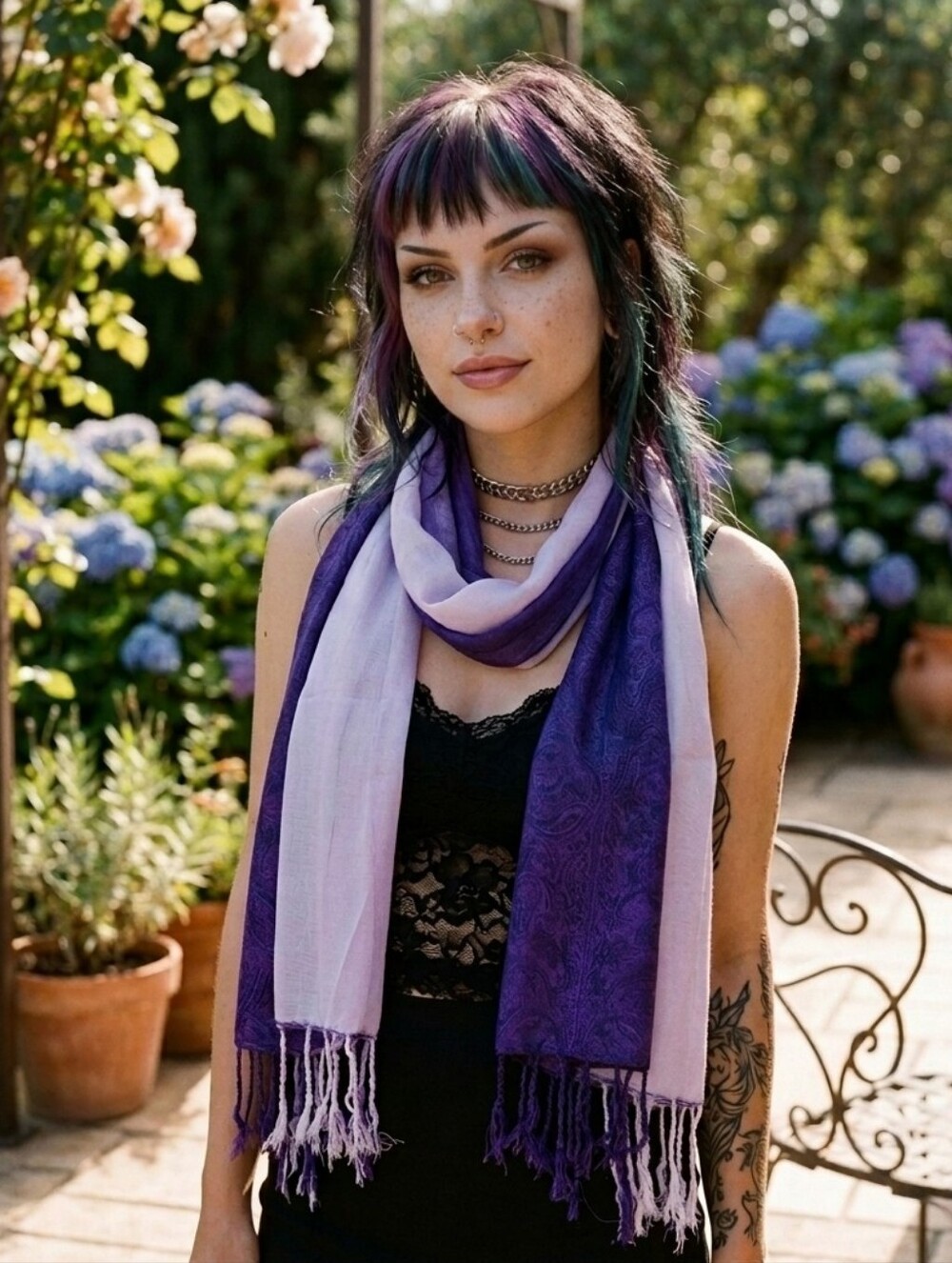 Double sided purple & white scarf shall wrap